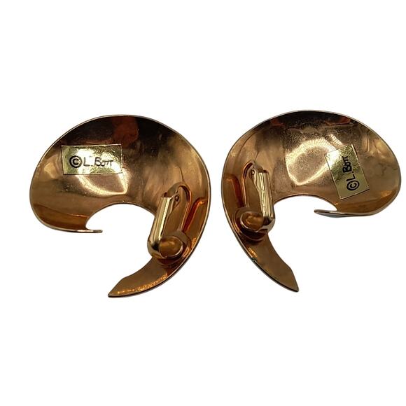 Vintage L. Bott Enamel Earrings, Clip On, Gold Tone, 1980s - Picture 9 of 11